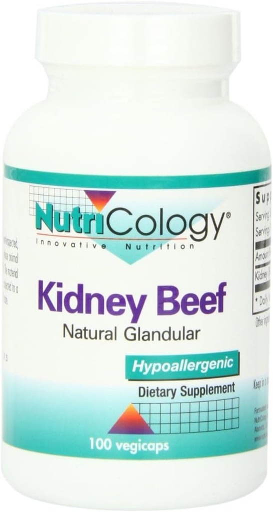 Nutricology Kidney Beef Supplement - Natural Glandular, Freeze-Dried, Bovine, Lyofiliized, Beef Organ, 500 mg Vegetarian Capsules - 100 Count Count