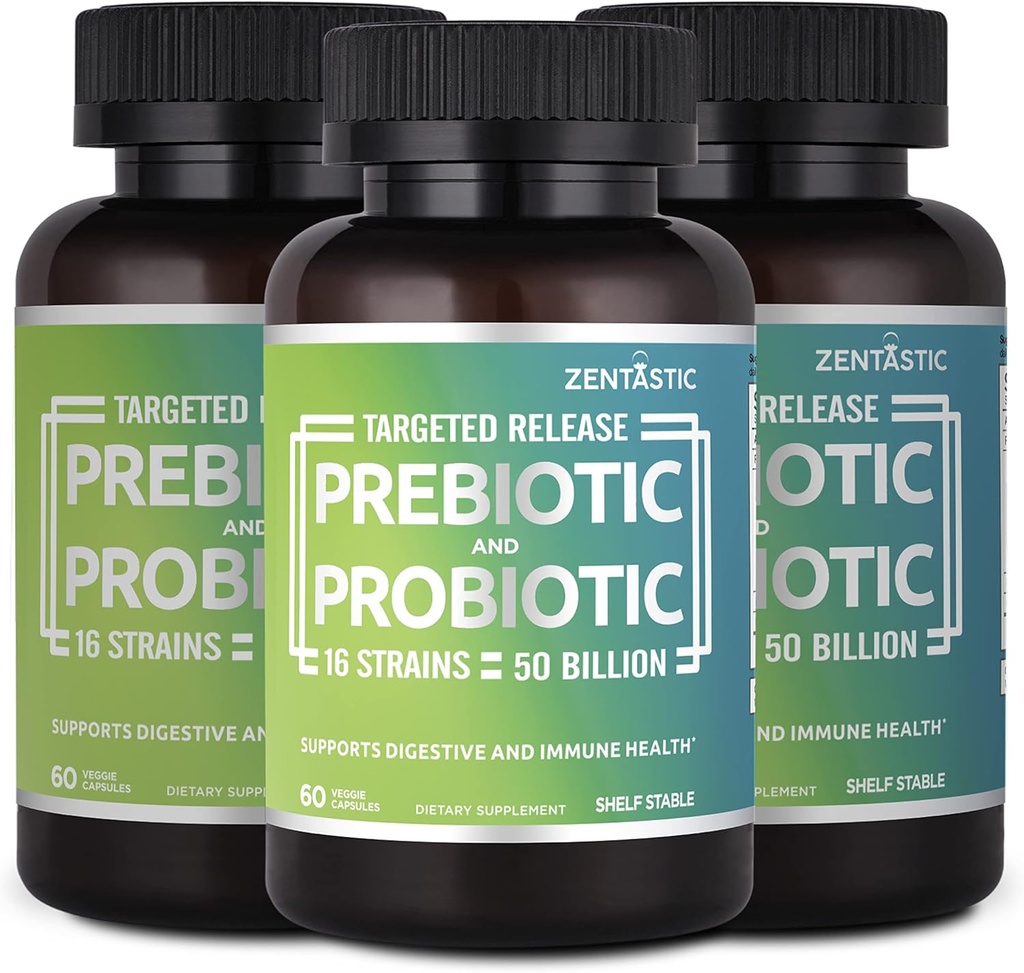 Zentastic Probiyotiks & Prebiyotiks Supplement - 50 Milyar CFU - Men & Women's Immune & Digestive Health - 16 Strains - Raf Stable - 180 Gecikme Veggie Capsules