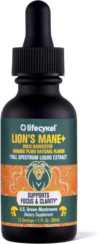 Life Cykel - εκχύλισμα Mane Mushroom Lion με Kakadu Plum - Brain Booster Nootropic για Μνήμη, Εστίαση & REM Ύπνος - Μη-GMO, Βιολογικός Βαφή Μανιταριών - 1 Fl Oz (15 Υπηρεσίες)