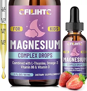 Çocuklar Liquid Drops-Magnesium Glycinate Liquid for Kids Supplement-w/L-theanine, Omega-3, Vitamin B6, D3 - Uyku için, Rahatlama, Beyin, Bones - 2 Fl Oz Children's Calm, Strawberry Flavor