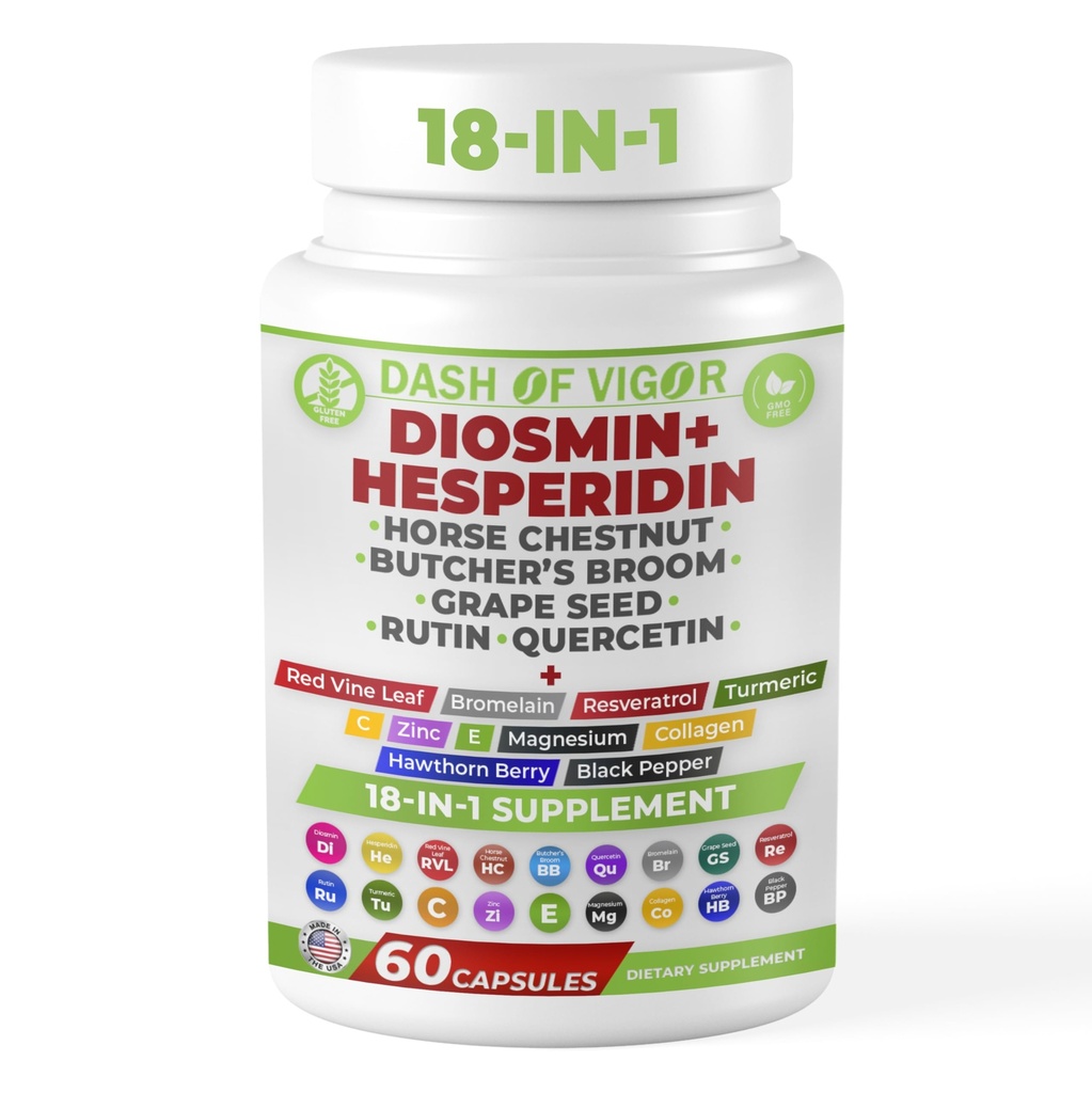 Dash of Vigor 18-in-1 Diosmin Hesperidin Supplement, Quercetin with Bromelain, Zinc, Vitamin C with Rutin Supplement, Horse Chestnut Extract, Butcher's Broom Extract, ΗΠΑ, 60 κάψουλες