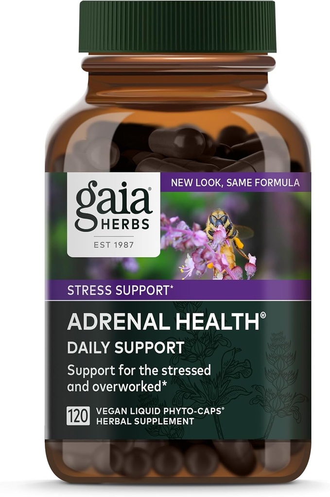 Gaia Herbs Adrenal Health Daily Support - Herbal Supplement with Ashwagandha, Holy Basil & Schisandra - Sağlıklı Enerji ve Stres Seviyelerini Korumaya Yardımcı Olun * - 120 Vegan Seryto-Capsules (120-Day Supply)
