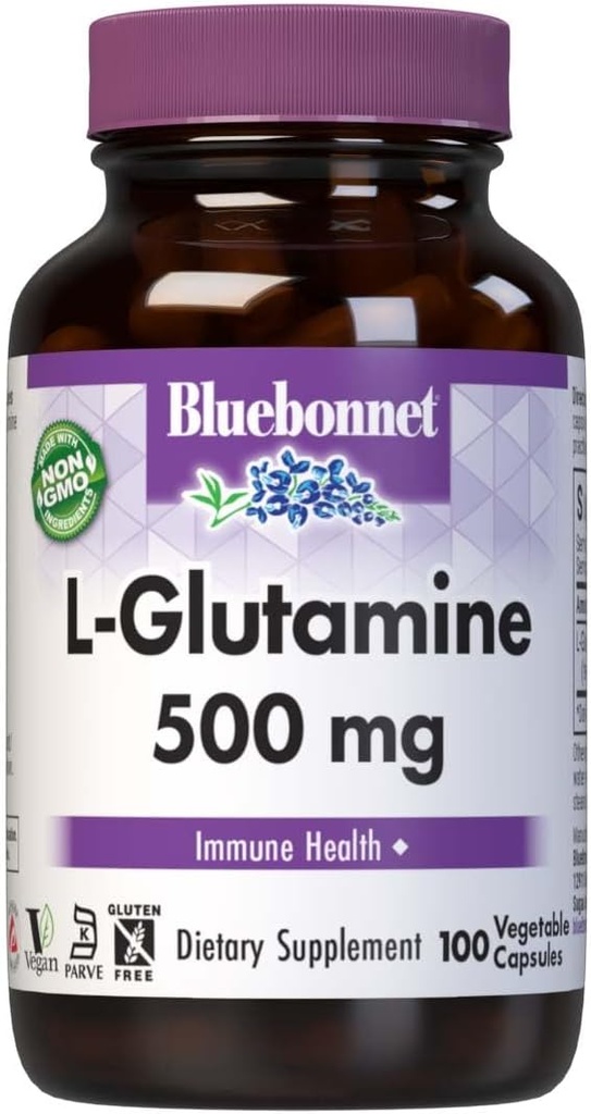 Bluebonnet Nutrition L-Glutamine 500mg, υποστηρίζει ανοσοποιητική λειτουργία*, μεταφορέας αζώτου*, χωρίς σόγια, χωρίς γλουτένη, μη GMO, Kosher Certified, Vegan, 100 κάψουλες λαχανικών, 100 εξυπηρετούν