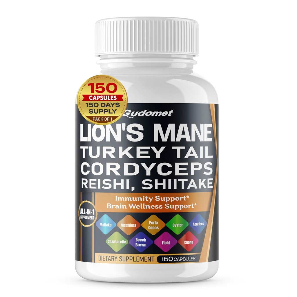 Organik Lion's Mane Turkey Tail Cordyceps Reishi Shiitake Maitake Meshima Poria Cocos Oyster Mushroom Agaricus Chaga Shiitake Snow Mushroom -150 Capsules- Made in USA