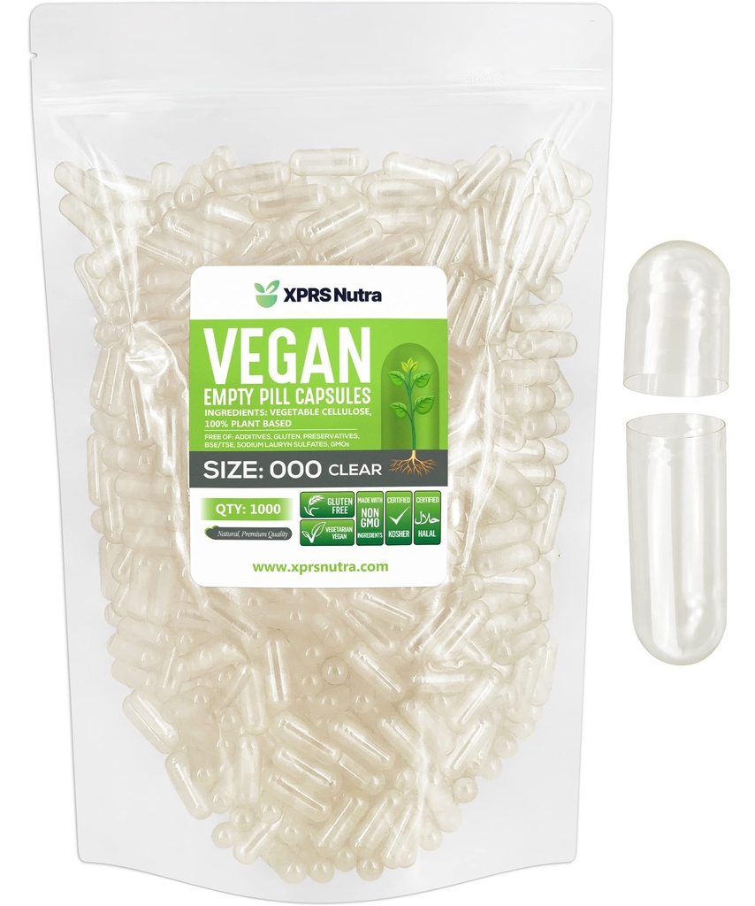 XPRS Nutra Vegan Boyutu 000 Boş Kapsüller - 1000 Kont Clear Boş Vegan Capsules - Vejetaryen - DIY Sebze Kapsülü - Veggie Pill Caps Pills