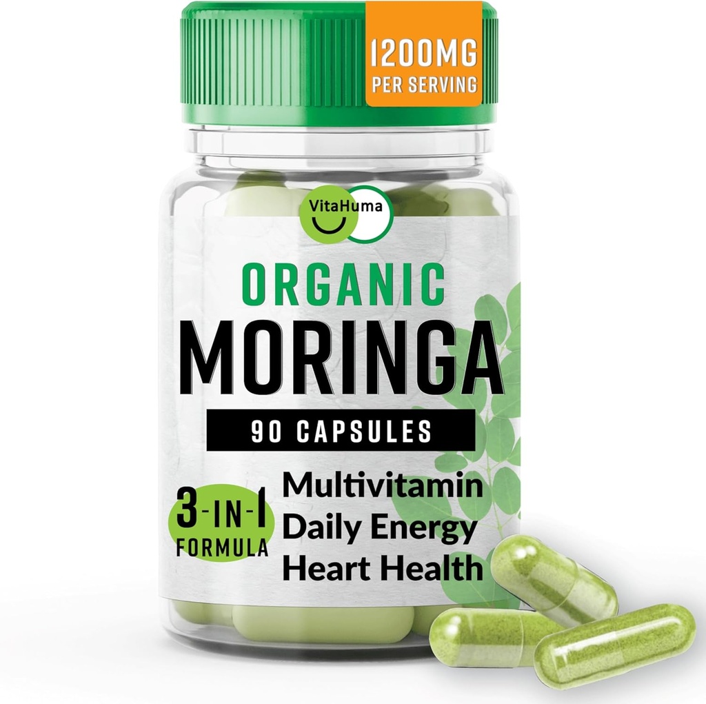 Organic Moringa, Nutrient-Dense Antioxidant Support with Vitamin C, A, E, Calcium, Pastium, Iron, Magnesium, Protein & Amino Acids for Hydration & Energy, Vegan, 1200 MG Per Serving, 90 CT