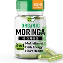 Organik Moringa, Nutrient-Dense Antioksi Support with Vitamin C, A, E, Kalsiyum, Pyum, Demir, Magnezyum, Protein & Amino Asits for Hydration & Energy, Vegan, 1200 MG Per Servisi, 90 CT
