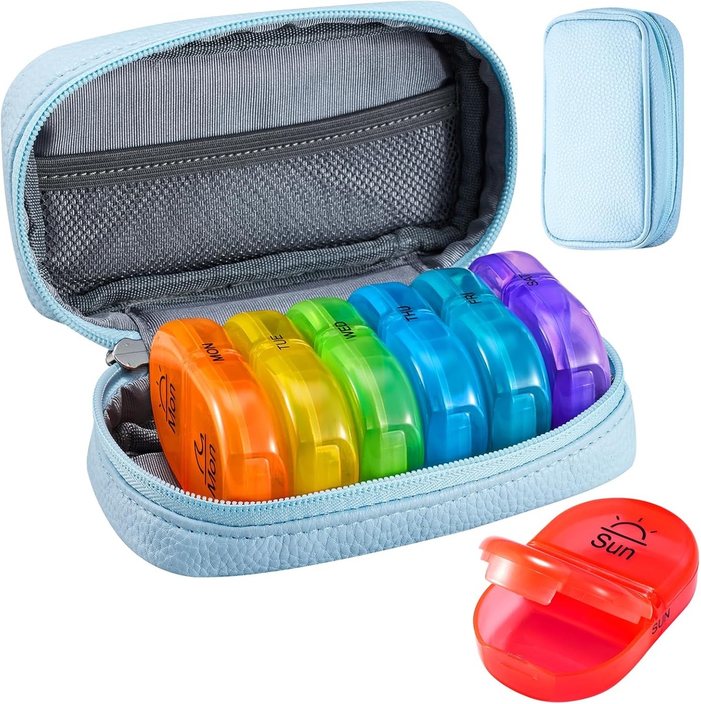 Serfeymi Weekly Travel Pill Organizer 2 Times A Day AM PM Yükseltd Rainbow Pill Box 7 Day with Portatif Ambalaj Deri Pill Case, Medicine Organizer for Pills, Vitamins, Fish Oils - Blue 01