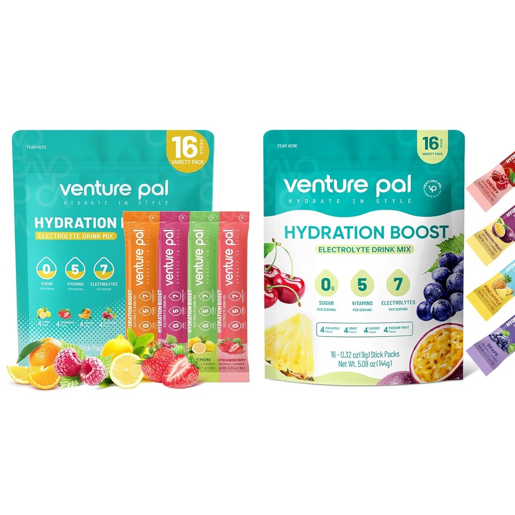 Venture Pal Sugar Free Electrolyte Toz Paketleri - Sıvı Günlük IV Hızlı Hydration & Parti Recovery için Mix | 5 Vitamin & 7 Elektrolytes / Keto Friendly | Non-GMO | sertifikalı Vegan | 16 Sticks