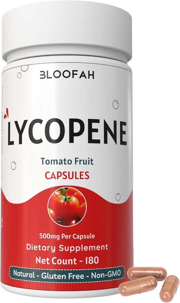 Domates Toz Kapsülleri 500 mg - 180 Kont (Lycopene) Sağlık ve Sağlık Desteği için Doğal Carotenoid Tamam | Gluten Free & Non-GMO, Plant Based Free & Non-GMO, Plant Based