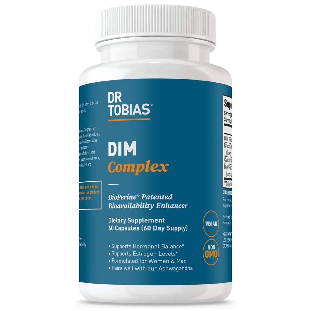 Dr. Tobias DIM Complex, Hormone Balance for Women & Men, DIM Supplement with BioPerine, Broccoli Extract & Calcium D-Glucarate Estrogen Detox Balance Complex, Non-GMO, Vegan, 60 Κάψουλες