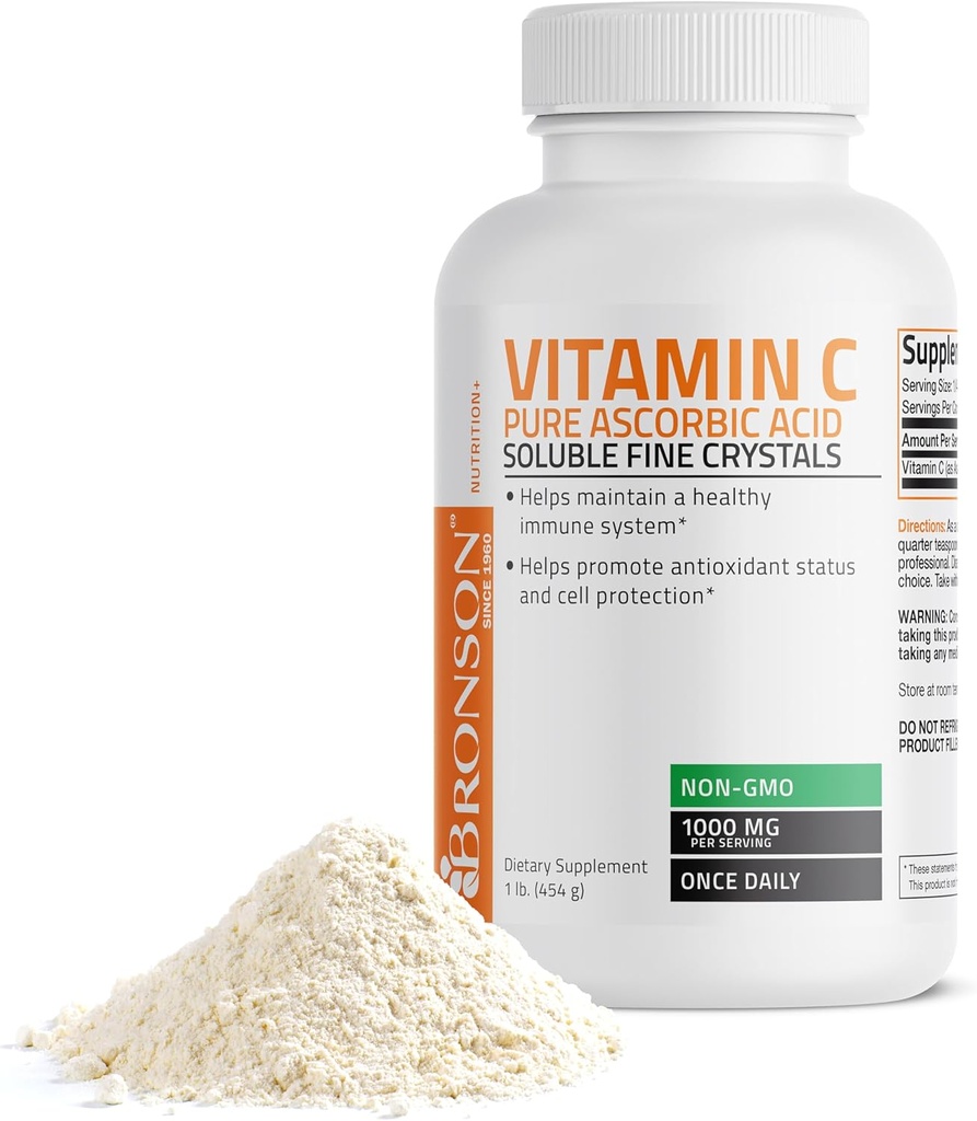 Bronson Vitamin C Toz Saf Ascorbik Asit GMO Kristalleri - Sağlıklı Immune Sistemi ve Hücre Korumasını Teşvik - Güçlü Antioksi - 1 Pound (16 Ounces)