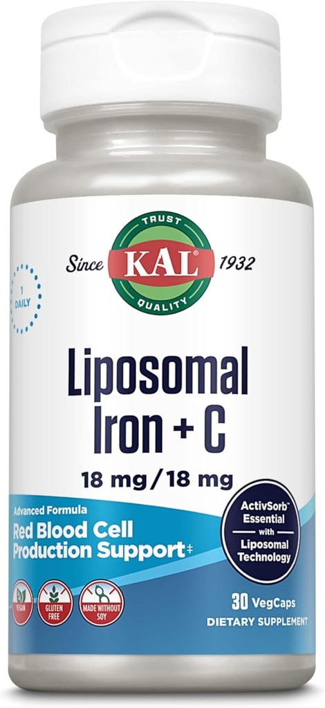 KAL Liposomal Iron Supplement with Liposomal Vitamin C, Iron Supplement for Women and Men, Υψηλή Απορρόφηση, Gentle Iron Hills, Vegan, Gluten Free, 30 Μερίδες, 30 VegCaps