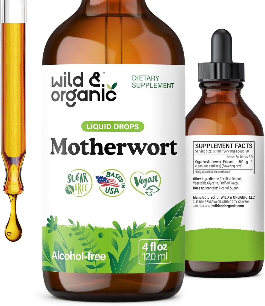 Wild & Organic Motherwort Tincture - Good Mood, Calmness, General Support - Women with Motherwort Herb - Vegan, Sugar & Alkol Özgür Taklitleri - 4 fl ozz