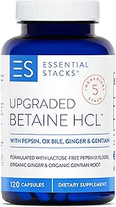 Essential Stacks Betaine HCL with Pepsin, Ox Bile, Organic Gentian & Ginger - Betaine Hydrochloride Supplement w Digestive Enzymes, Bile & Bitters - Gluten, Dairy & Soy Free (120 Capsules)