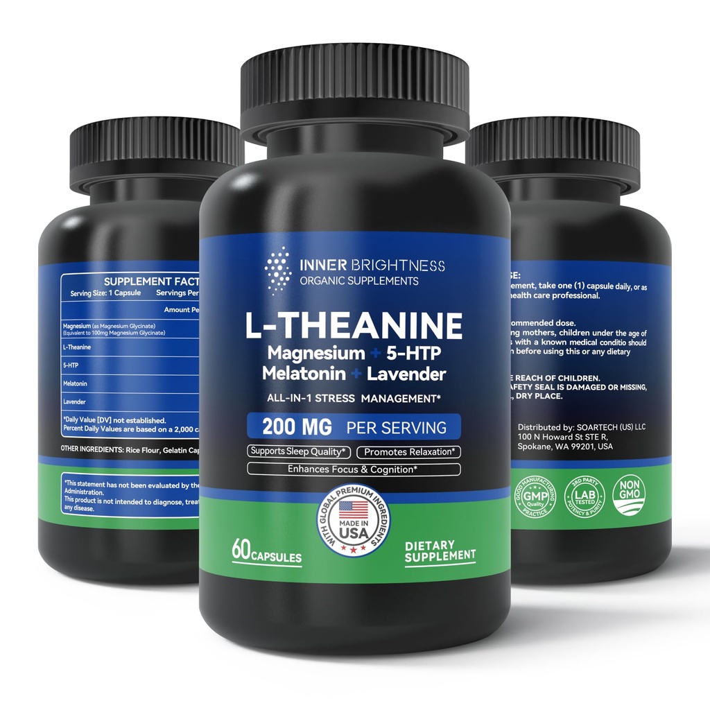 L Theanine 200 mg, Magnezyum, 5-HTP & Melatonin - All-in-1 L-Theanine Supplement for Stress Relief, Focus & Cognition, Sleep - 60 Capsules