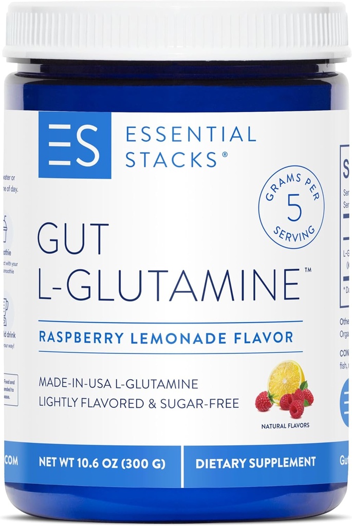 Essential Stacks Gut L-Glutamine Powder - Αποκλειστικά Κατασκευασμένη στις ΗΠΑ - Pure L Glutamine Powder for Gut Health (50 Σερβιέτες, Λεμονάδα Βατόμουρο)