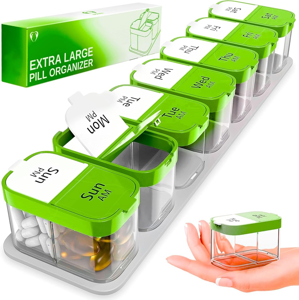 Ekstra Büyük Haftalık Pill Organizer - XL Vitamini 7 Detachable AM PM Karşılaştırmalar - Ev ve Seyahat için Portatif Tıp Hediyesi, Haftalık veya Günlük kullanım için Big Supplement Konteyner, Green Medical Container