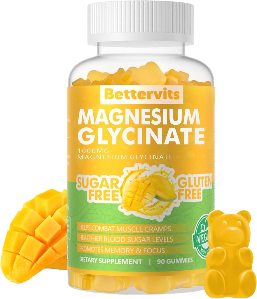 90 CT Μαγνήσιο Γλυκινικό Gummies 1000mg - Συμπλήρωμα μαγνησίου χωρίς ζάχαρη με βιταμίνη D, B6, CoQ10 για υποστήριξη ηρεμίας & ύπνου - 90 Mango Pineapple Gummies