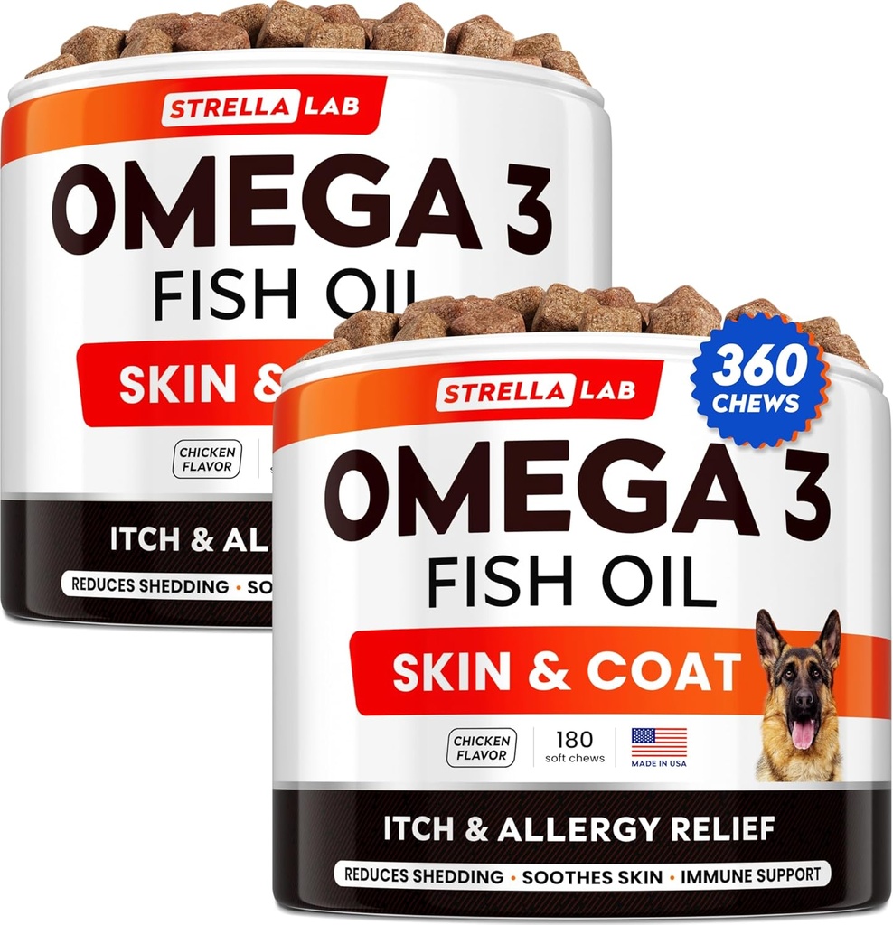 STRELLALAB Omega 3 Köpekler için - (360Ct) Balık Yağı Tedaviler - Anti Itchy Skin, Anti Shedding & Hot Spots Tedavisi - Pet Salmon Oil Chews - Tavuk Flavor