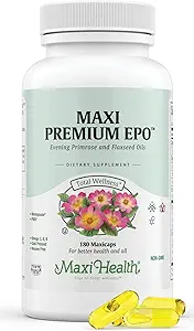 Maxi-Health Evening Primrose and Flax Seeds Oil Softgels - Vegan Omega 3 6 9 Συμπληρώματα για υγιές δέρμα, μαλλιά, και αρθρώσεις - Kosher Certified, Organic Evening Primrose Oil Softgels, 180 Count