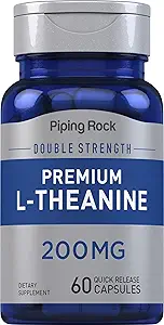 Piping Rock L-Theanine Supplement 200 mg | 60 Capsules | Premium Double Strength | Non-GMO, Gluten Free