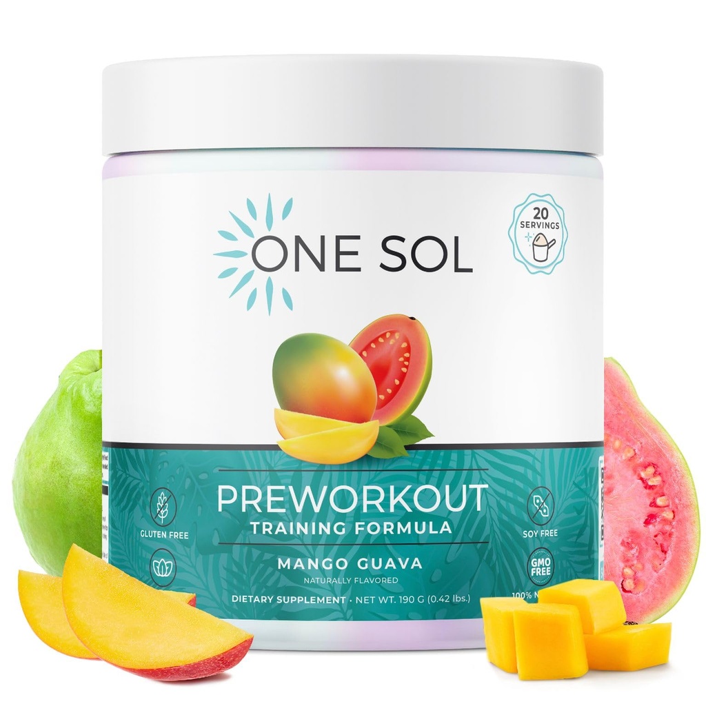 One Sol Pre-Workout for Women, developedd Pump & Focus, No Jitters Or Crash, Natural Materialss, 100% Vegan, Gluten Free & Soy Free, (Mango Guava)