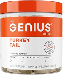The Genius Brand Genius Turkey Tail - Φυτικό συμπλήρωμα για ανοσοποιητική, αντιοξειδωτική και αντιοξειδωτική υποστήριξη - Organic & Non-GMO - 120 κάψουλες λαχανικών