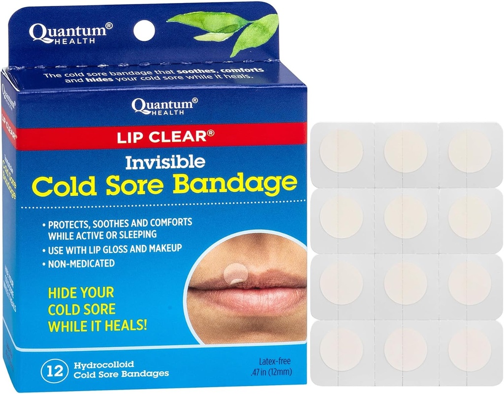 Quantum Health Lip Clear Invisible Cold Sore Patches for Lips Help Soothe Shield & Hide Cold Soures - Βοηθά στην πρόληψη της μόλυνσης - Πυρετός blister  Banges for Women & Men - 12 Count