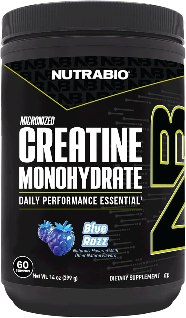 NutraBio Pure Micronized Creatine Monohydrate Powder Supplement, Blue Razz (300 g) - Υποστηρίζει Μαζική μυϊκή ενέργεια, ανάκτηση και δύναμη - HPLC Tested Creatine Powder Supplement για άνδρες και γυναίκες