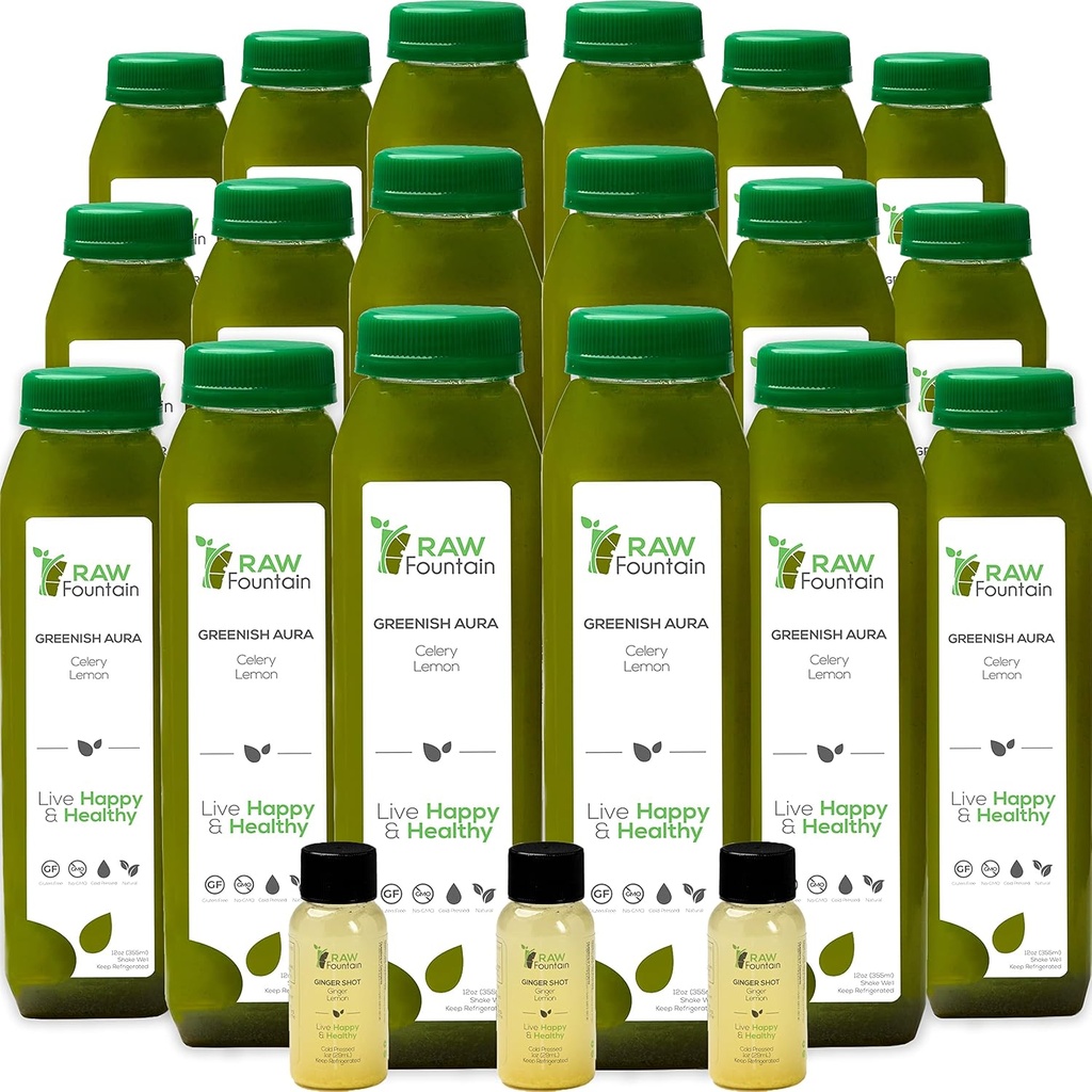 Celery Juice, Raw Fountain, All Natural Raw, Cold Pressed Juices, Morning Detox Cleanse, 30 Şişe 12oz, 5 Bonus Ginger Shots