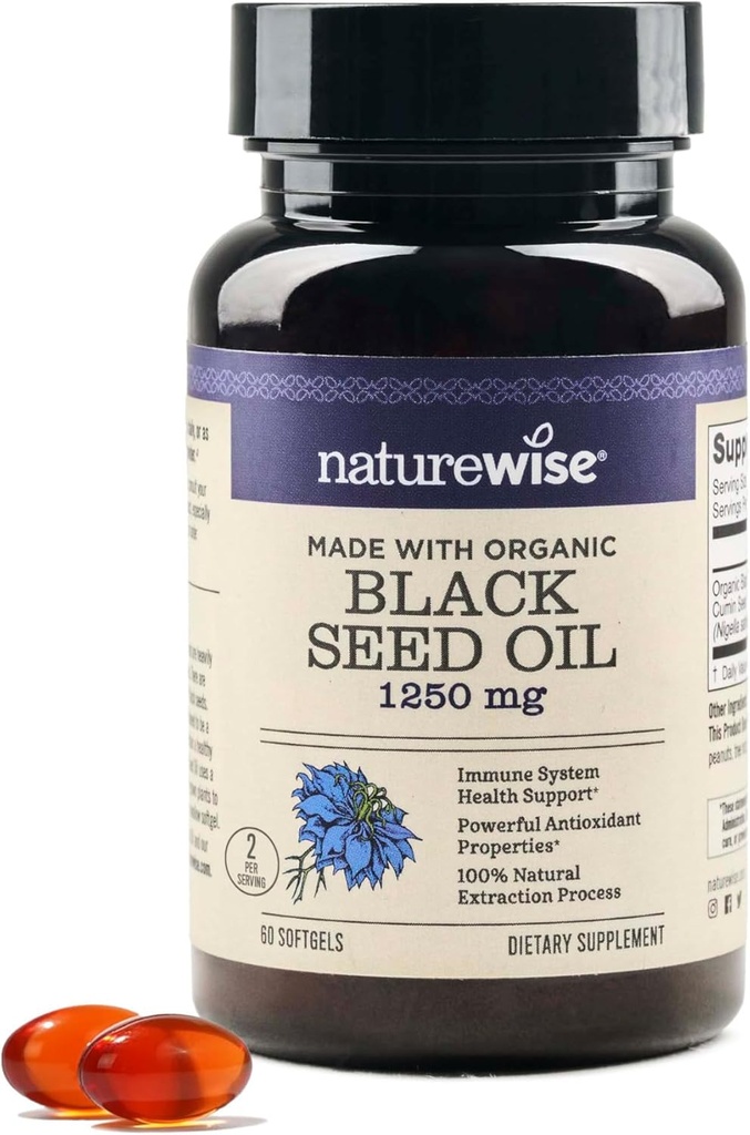 NatureWise Black Seed Oil Softgels 1250 mg -% 100 Organik Cold Pressed Nigella Sativa - Omega 3 6 9 - Antioksi Immune Support, Hair & Skin - Non-GMO, Gluten-Free - 60 Softgels[1-Month Supply]