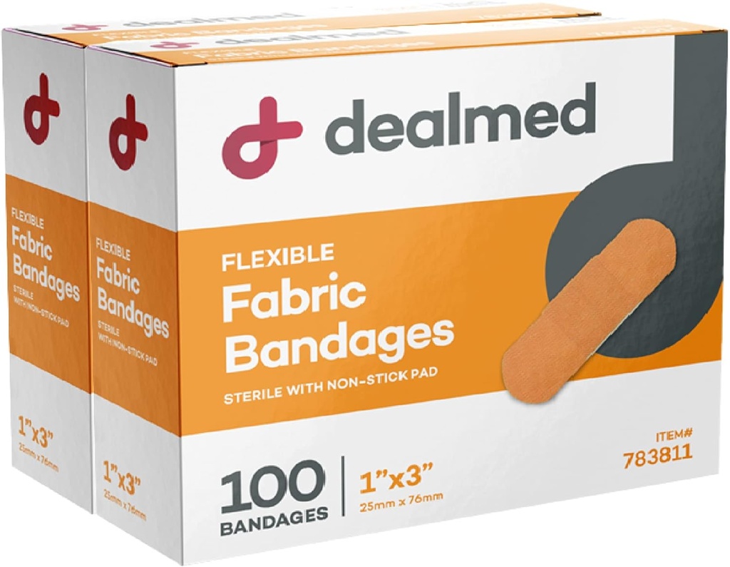 Dealmed Sterile Flex Fabric yapıştırıcısı - 1x3 İndüksiyon - 100/Box - 2 Kutu - Nefes alınabilir İlk Yardım Şems Paketi - Tıbbi, Acil Kits & Clinic