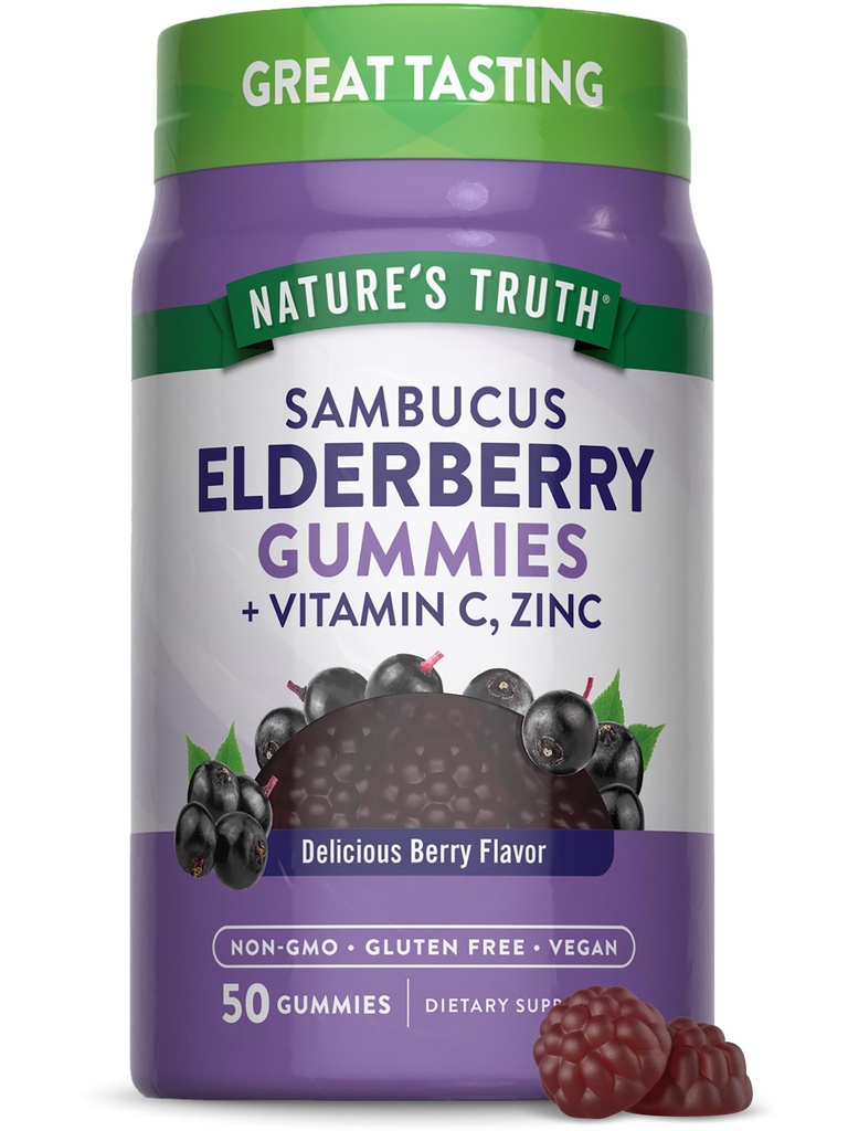Nature's Truth Black Elder Gummies | 50 Vegan Gummies | C ve çinko ile | Berry Flavor | Vegan, Non-GMO ve Gluten Free Supplement