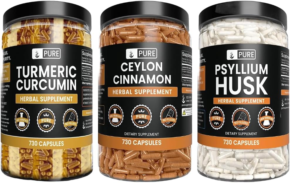 PURE ORIGINAL INGREDIENTS Ceylon Cinnamon, Psyllium Husk ve Turmeric Capsule (730 Capsules Her), Hiçbir Magnezyum veya Rice Fillers
