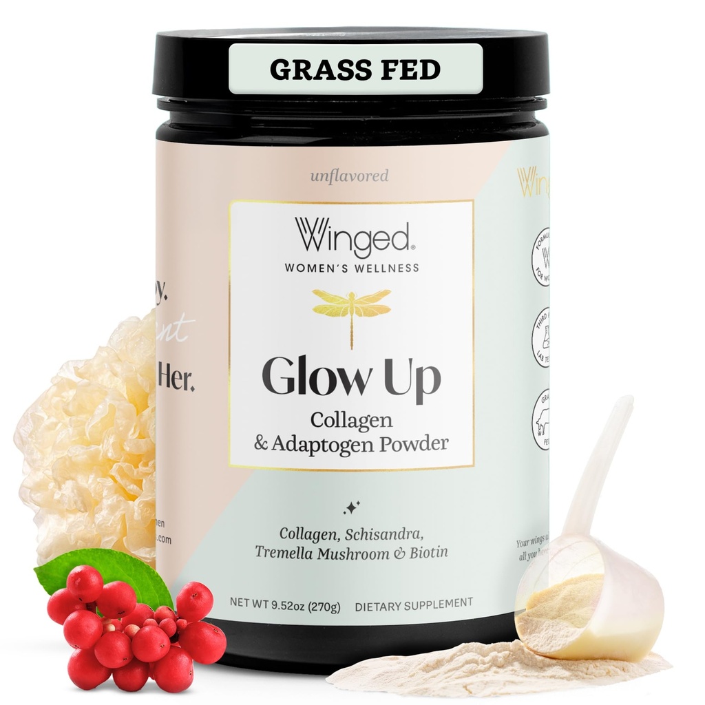 Kanatlı Wellness Glow Up, Collagen Toz for Women - Saç, Skin & Nails Beauty Supplement with Grass-Fed Hydrolyzed Collagen Adapt Adaptogens, C & Biotin - 25 Hizmet, Unflavored