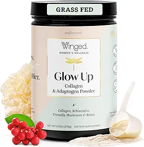 Winged Wellness Glow Up, Collagen Powder for Women - Hair, Skin & Nails Beauty Supplement with Grass-Fed Hydrolyzed Collagen Peptides Adaptogens, Vitamin C & Biotin - 25 Servings, Unflavored