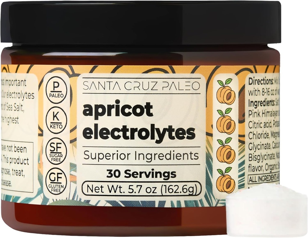 Santa Cruz Paleo Electrolyte Powder, Βερίκοκο Γεύση, Χωρίς ζάχαρη Ενυδατικό Ποτό Μίγμα με Pink Αλάτι Ιμαλαΐων, Αλάτι θάλασσας, Γλυκινικό μαγνήσιο, Χλωριούχο κάλιο, Γλυκασμένο με Stevia, 30 Μερίδες