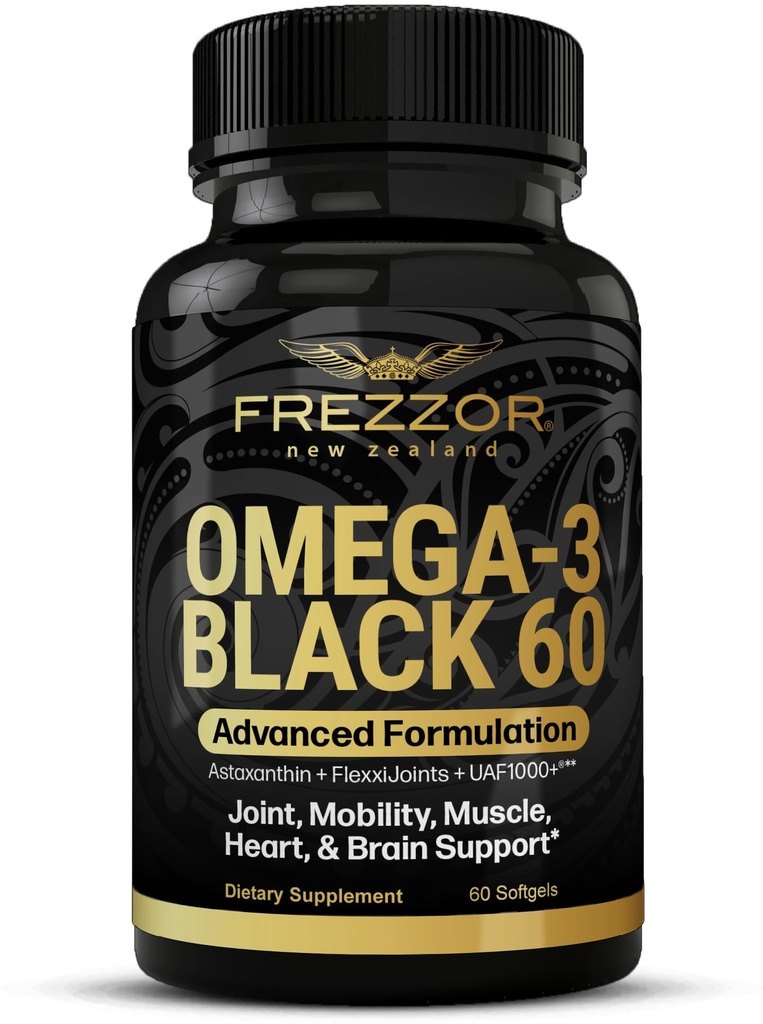 FREZZOR Omega 3 Black for Joint Care & Comfort - Yeni Zelanda Yeşil Lipped Mussel Oil Capsules; 53x UAF1000+ Super Antioxy, No Fishy Aftertaste, 1-Pack, 60 Softgels