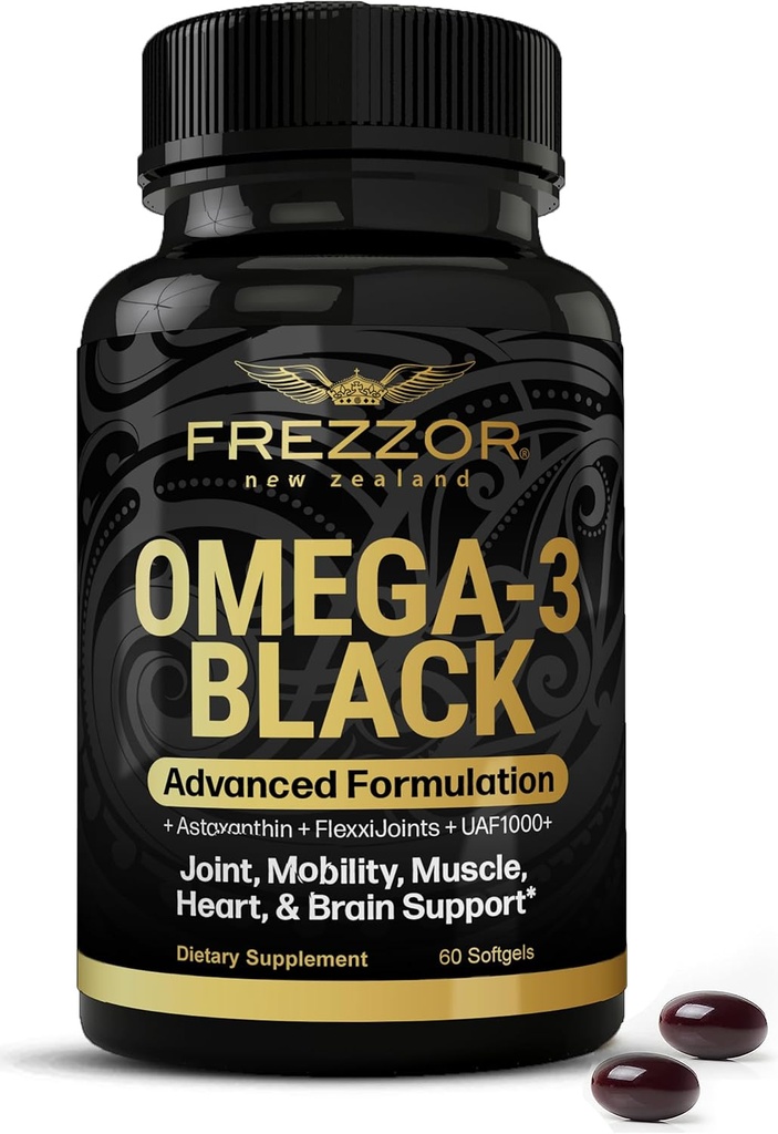 FREZZOR Omega 3 Black for Joint Care & Comfort - Yeni Zelanda Yeşil Lipped Mussel Oil Capsules; 53x UAF1000+ Super Antioxy, No Fishy Aftertaste, 1-Pack, 60 Softgels