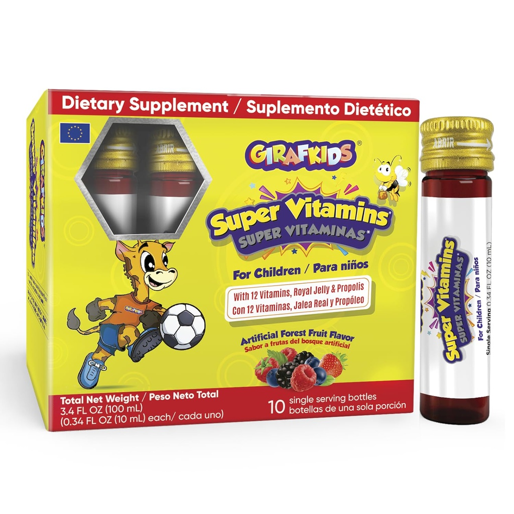 GirafKids Super Vitamins for Kids Ages 4+ | 10 Immune Support & Energy | 12 Vitamins | Tasty Forest Fruit Flavor | Enriched with Royal Jelly & Propolis