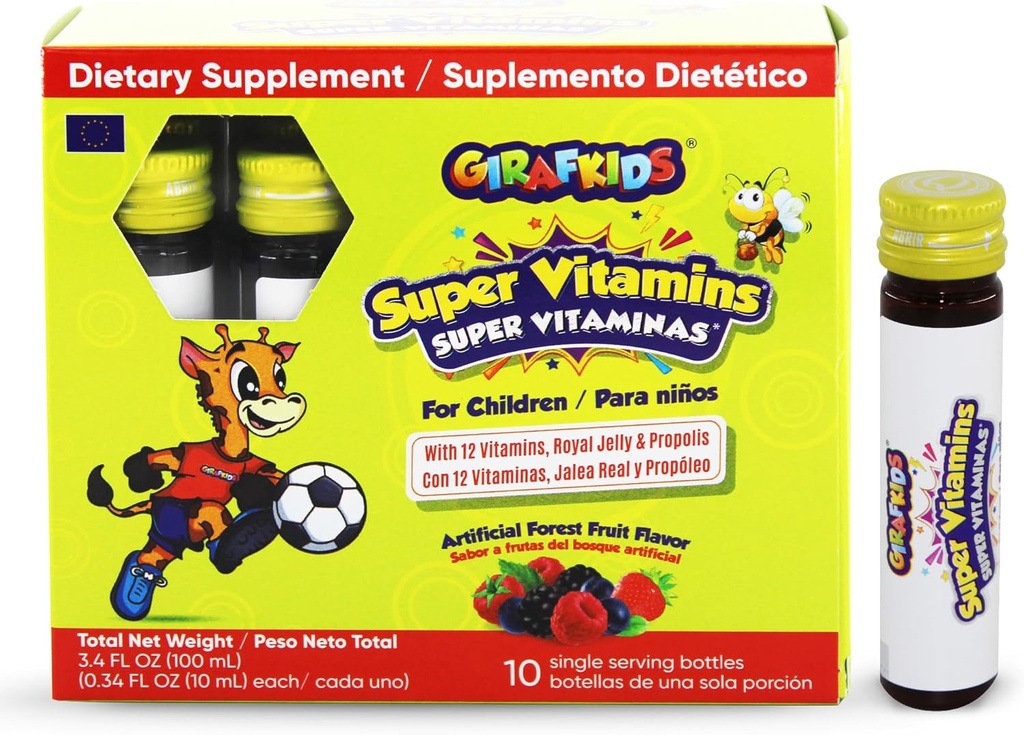 GirafKids Super Vitamins for Kids Ages 4+ | 10 Immune Support & Energy | 12 Vitamins | Tasty Forest Fruit Flavor | Enriched with Royal Jelly & Propolis