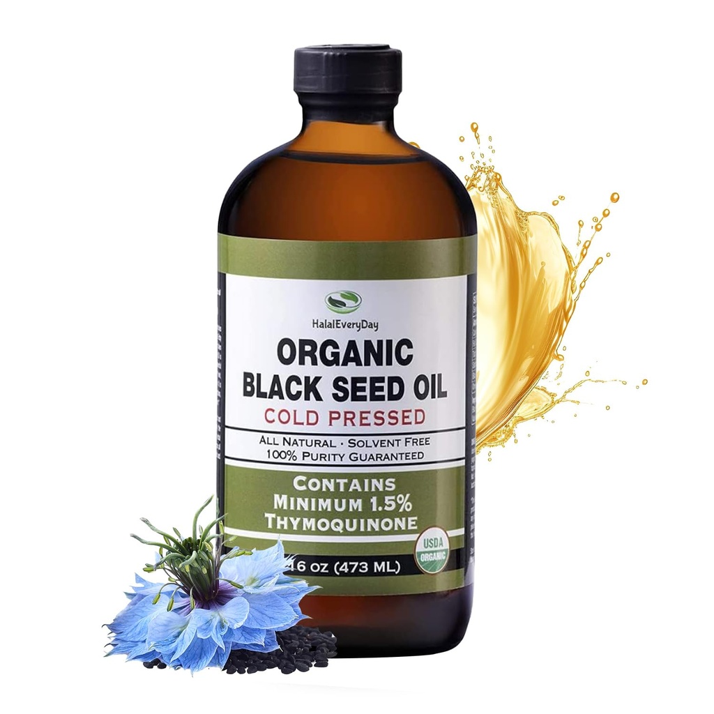 Her Gün Organik Siyah Tohum Yağı - USDA sertifikalı, Cold Pressed Glass Şişe 16oz -% 1.5'den fazlası Youmoquinone Turkish Black Cumin Nigella Sativa Non-GMO 100% Pure Blackseed Oil