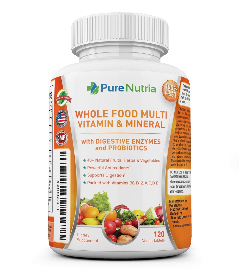 Probiyotik Enzymes ile tüm Gıda MultiVitamin ve Mineraller - Kadınlar ve Erkekler için 120 Çokvitamin - Tüm Gıda ve Herbal Malzemeler ile Paketlendi - Digestive Support için Güçlü Antioksis