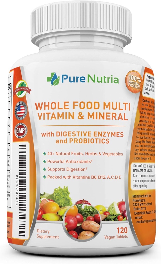 Probiyotik Enzymes ile tüm Gıda MultiVitamin ve Mineraller - Kadınlar ve Erkekler için 120 Çokvitamin - Tüm Gıda ve Herbal Malzemeler ile Paketlendi - Digestive Support için Güçlü Antioksis