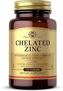 Solgar Chelated Zinc, 100 Tablets - Ψευδάργυρος για υγιές δέρμα - Υποστηρίζει την ανάπτυξη κυττάρων & DNA Σχηματισμός - Exerts Αντιοξειδωτική Δραστηριότητα - Υποστηρίζει ένα υγιές ανοσοποιητικό σύστημα - Μη ΓΤΟ, Χωρίς γλουτένη - 100 Υπηρεσίες