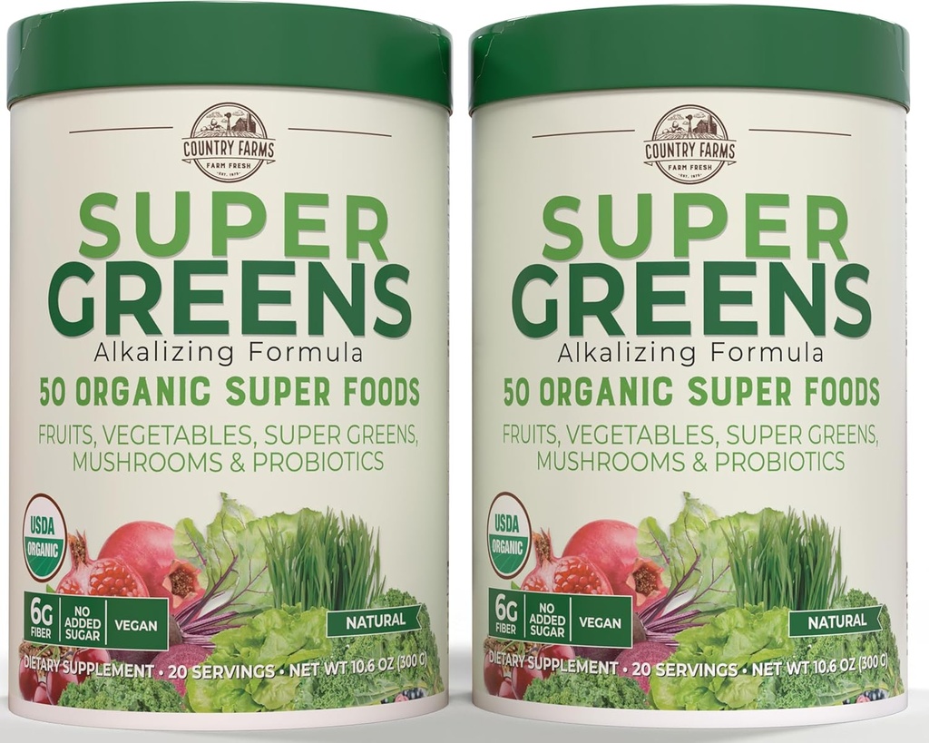 Χώρα Αγροκτήματα Super Greens Φυσικό Γεύση, 50 Βιολογικά Super Foods, USDA Βιολογικό Μείγμα Ποτών, Φρούτα, Λαχανικά, Super Greens, Μανιτάρια & Προβιοτικά, Υποστηρίζει την ενέργεια, 40 εξυπηρετούν, 10,6 Oz, 2 Πακέτο