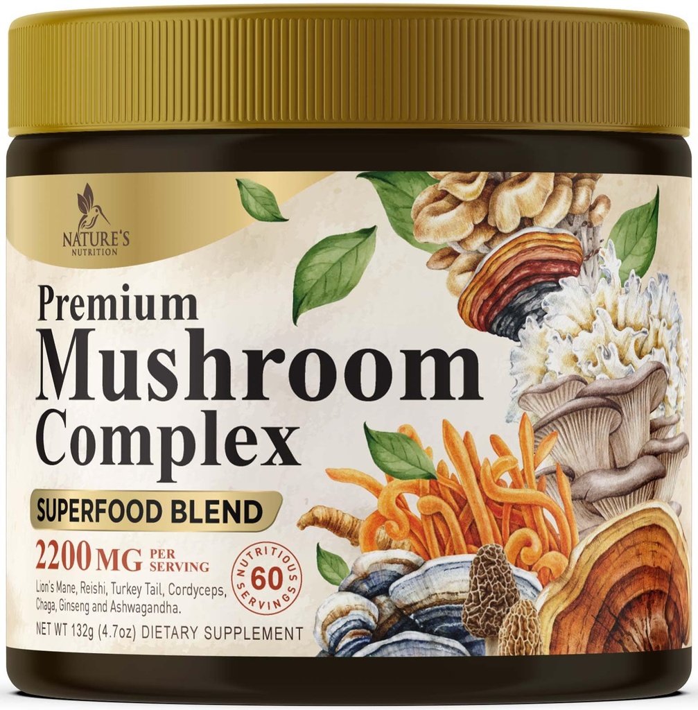 Mushroom Powder Supplements 2200mg - 11 in 1 Complex Formula Powder with Organic Lions Mane, Reishi, Cordyceps, Chaga, Turkey Tail Mushroom Extract Supplement for Memory & Brain Support - 60 Services