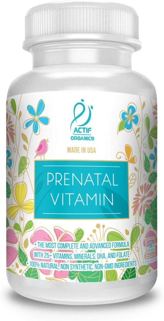 ACTIF Organik Prenatal Vitamin 25+ Organik Vitaminler,% 100 Doğal, DHA, EPA, Omega 3 ve Organik Herbal Mix - Non-GMO, 90 Count Count
