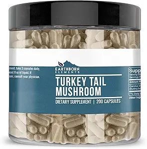 Earthborn Elements Turkey Tail Mushroom 200 Capsules, Pure & Undiled, No Wordss